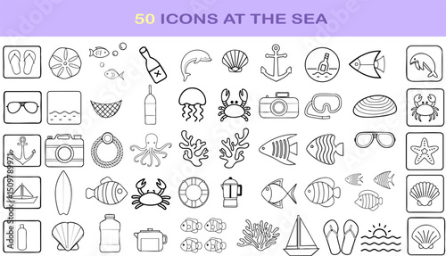 Collection of 50 sea themed icons including fish, jellyfish, anchors, and surfboards, perfect for summer designs and marine projects