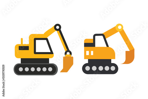 Excavator Icons Yellow Construction Vehicles, Heavy Machinery, Digger Illustrations for Engineering Projects, Construction Site Graphics, and Industrial Designs