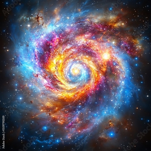 A colorful spiral galaxy filled with stars and celestial bodies