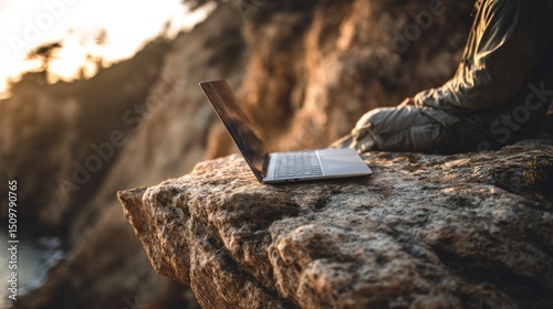 Laptop on cliff at sunset