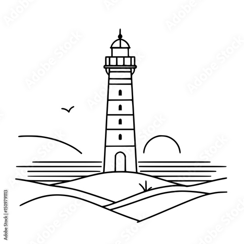 Lighthouse outlined in a minimalist style against a seascape background - Concept of single line outline vector  