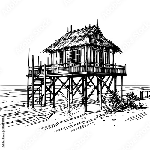 Traditional wooden beach house on stilts by the ocean shore , single line outline vector 