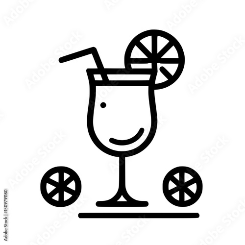Line art illustration of smiling cocktail glass with lemon slices and straw, vector one line outline
