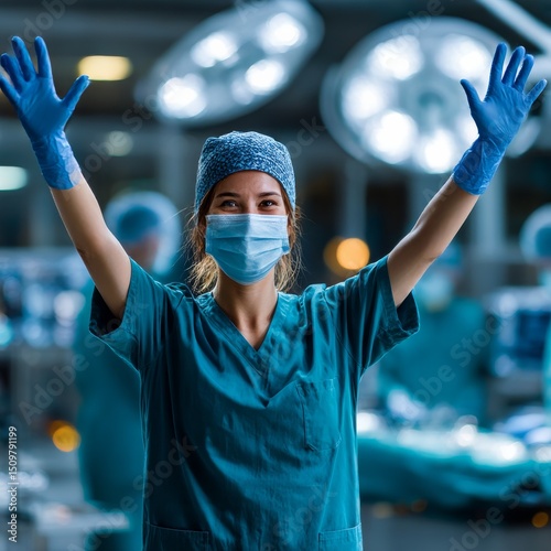 Successful Surgery: Smiling Doctor Celebrates Victory in Operating Room with Hands Up in Sterile Gloves.