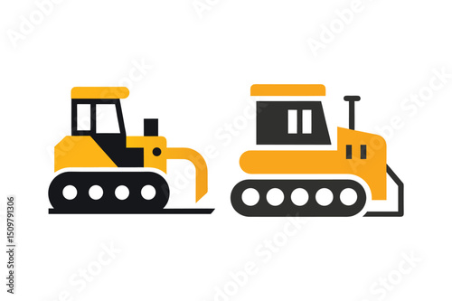 Heavy Equipment Icons Bulldozer and Tractor Illustrations for Construction, Engineering, and Industrial Projects