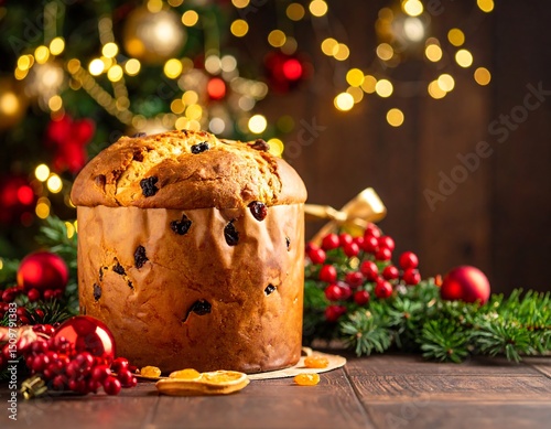 Christmas Panettone on wooden table