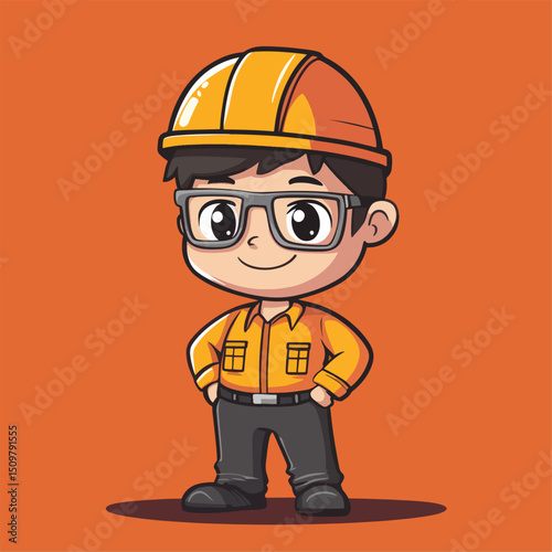 Cheerful Cartoon Engineer Boy in Yellow Hard Hat and Glasses