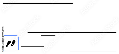 Footprints icon next to abstract horizontal elements of varying thickness. Ideal for navigation, progress, journey, simplicity, direction, minimalism, flat simple metaphor