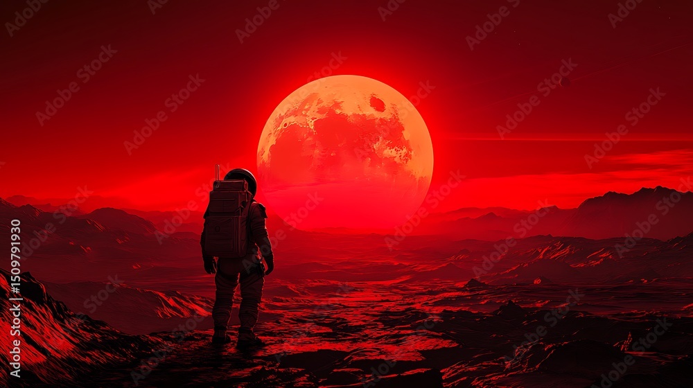 Obraz premium Astronaut on alien planet, blood red sunset