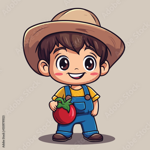 Cheerful Cartoon Farmer Boy Holding a Large Ripe Tomato