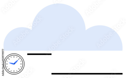 Large cloud shape with minimalist clock symbol, lines suggesting activity or tasks. Ideal for technology, cloud computing, scheduling, efficiency, organization, workflow innovation. Flat simple