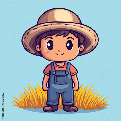 Cheerful Cartoon Farmer Standing Proudly in Front of Golden Wheat