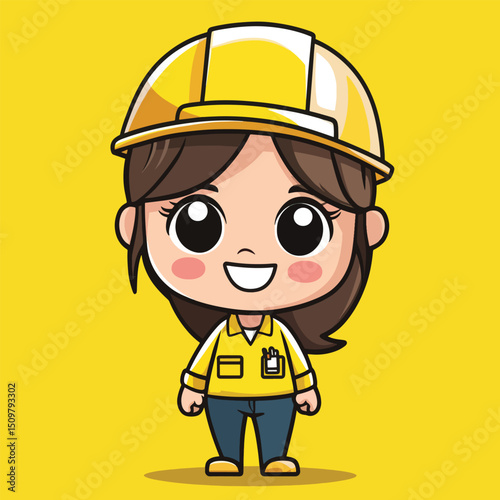 Cheerful Cartoon Female Engineer in Yellow Hard Hat