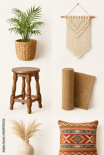 Cozy wicker chair with a plant in a brown pot and wooden decorations