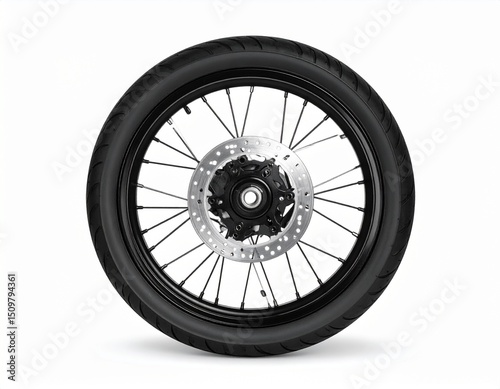 Single wheel sport motorcycle with disc brake, realistic photo style, isolated on white