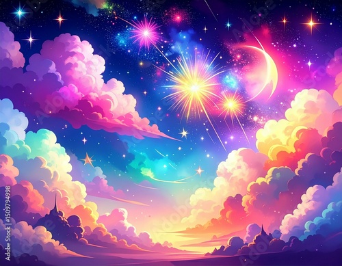A vibrant celestial landscape with colorful clouds stars moon and bursting fireworks display at night