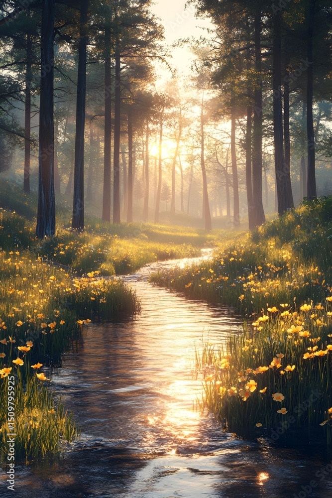 Obraz premium A valley with murmuring streams in the morning light