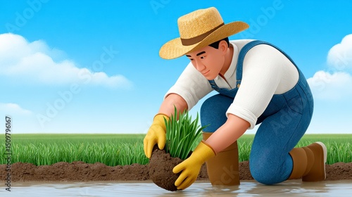 Male Farmer Planting Rice Seedlings in Muddy Paddy Field Under Sunny Sky