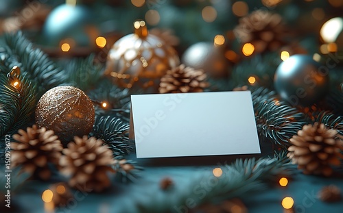Blank card mockup with Christmas ornaments pinecones and festive lights

 photo