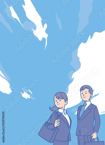 青空の下のスーツ姿の男女のイラスト
