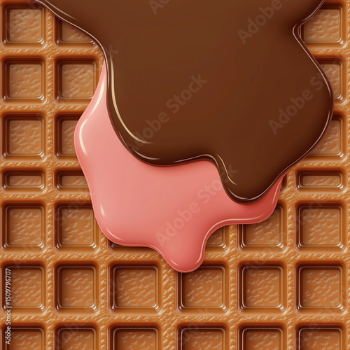 Chocolate and strawberry sauce on waffle