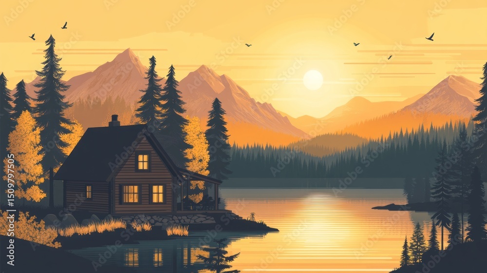 Fototapeta premium Tranquil cabin nestled by a serene lake at sunset