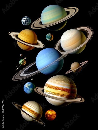 Various colorful planets with rings floating against a black backdrop