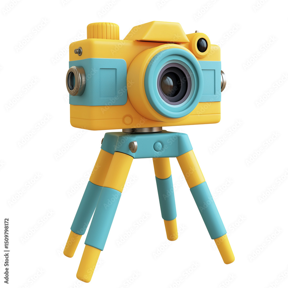Fototapeta premium Colorful toy camera on a tripod stand. PNG image, transparent background