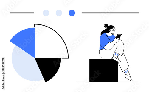 Seated woman examines tablet, pie chart with blue, black, white sections highlights data and insights. Ideal for data analysis, communication, study, education, reporting decision-making flat