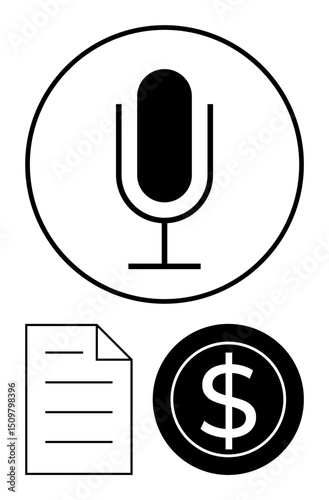 Microphone with a document and dollar sign highlights audio recording, transcription, and monetization. Ideal for content creation, podcasts, earnings, streaming, media, technology flat simple