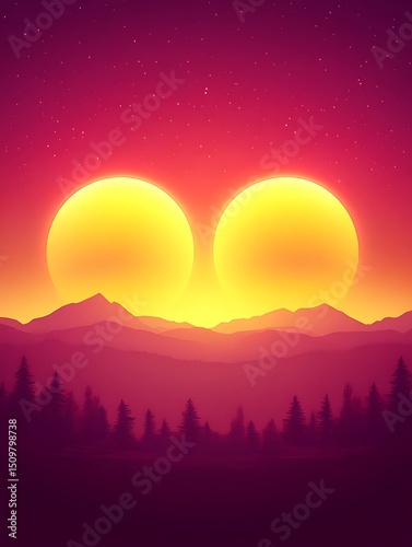 Two suns set above mountains and forests in the twilight sky