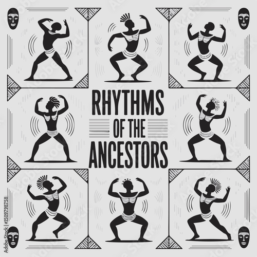 African dance illustration depicting ancient rhythms of the ancestors featuring stylized silhouettes and cultural elements