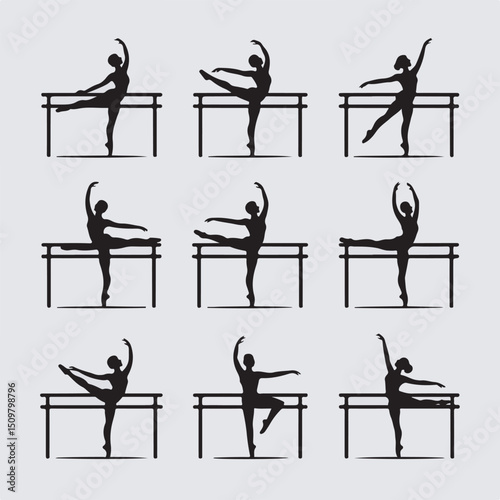 Ballet dancers silhouette posing at the barre in various graceful dance positions with elegant movements