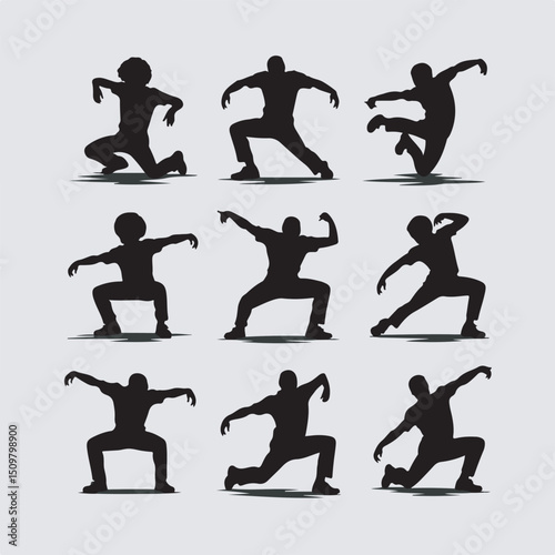 Dynamic silhouettes of dancing figures in various poses illustrating movement and energy on a light background.