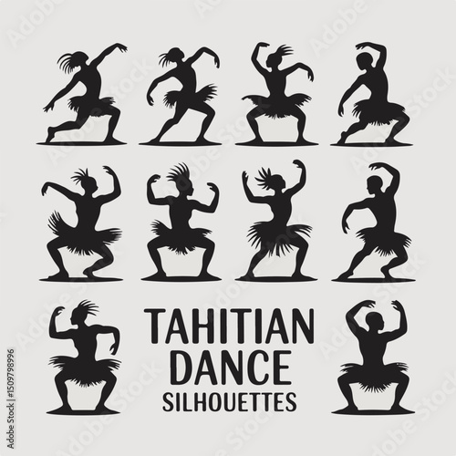 Elegant black silhouettes of traditional polynesian tahitian dancers posing with grace and energy in a vector art illustration