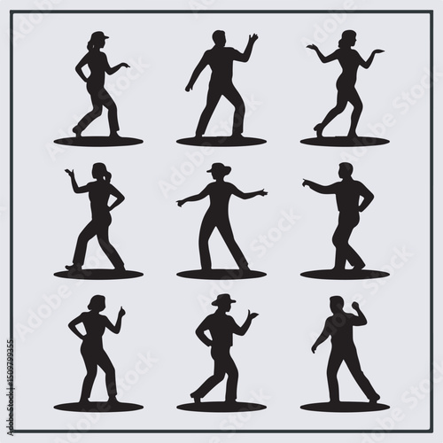 Silhouettes of dancing people in various poses depicting joyful movements and energetic gestures on a light gray background