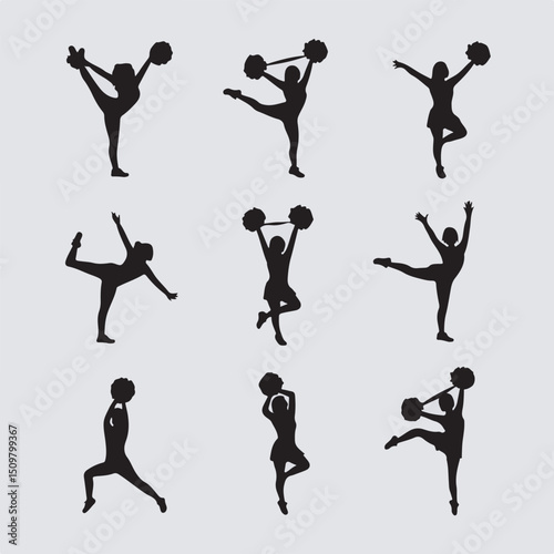 Silhouetted cheerleaders performing various poses with pom-poms depicting dynamic cheerleading movements in black