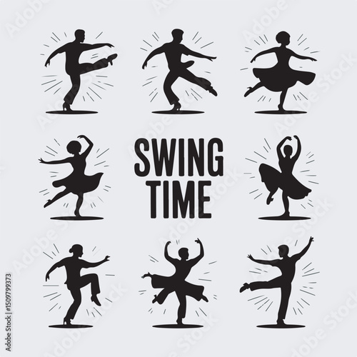 Swing time dance silhouette vector illustration featuring dancers in various graceful dynamic poses with bursting rays.
