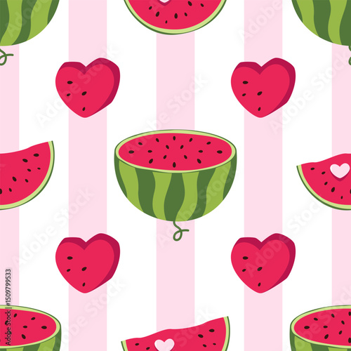  Seamless pattern of watermelon, slices, slices, halves in flat style. Vector illustration on delicate, pink striped background.