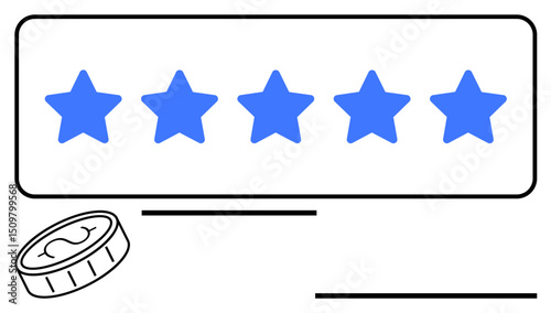 Five blue stars aligned in a row signify customer satisfaction. A coin below reflects value recognition. Ideal for reviews, quality assurance, e-commerce, branding, loyalty programs, feedback, simple