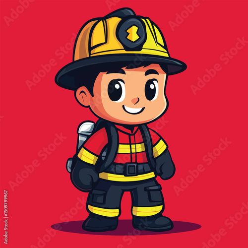 Cheerful Cartoon Firefighter with Yellow Helmet and Smiling Face Ready for Action