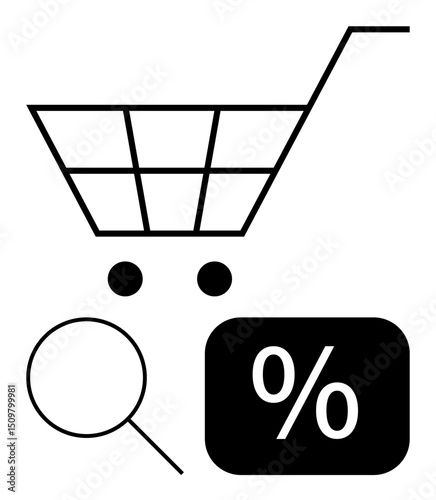 Shopping cart, magnifying glass, and percentage symbol highlight e-commerce, retail, price comparison, online shopping, sales, discounts and customer experience. Ideal for retail commerce