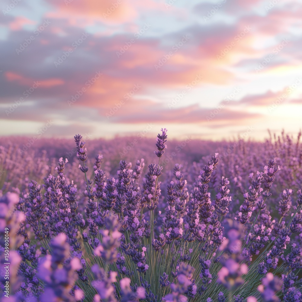 Fototapeta premium Lavender field at sunset with pastel skies