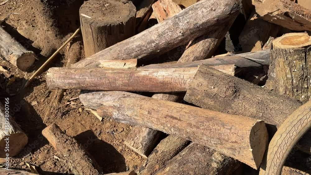POV of stack pile of wood  log at home rural area outdoor sunny day.