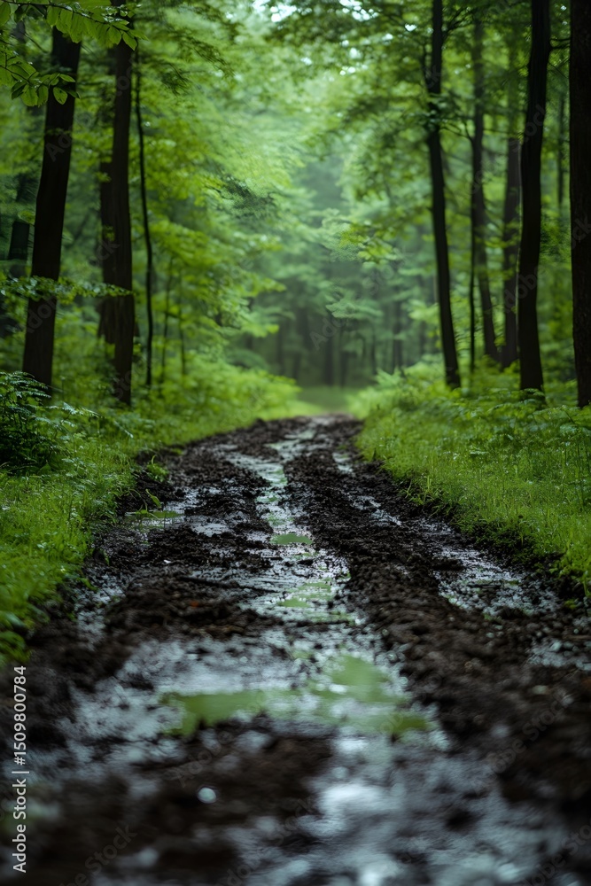 Fototapeta premium Wet grassland beside muddy paths after rain
