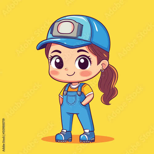 Cheerful Cartoon Girl in Blue Overalls and Cap