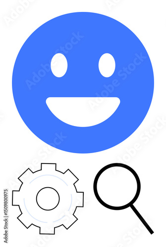 Blue happy emotion complemented by a gear and magnifying glass. Ideal for concepts thumbs up user experience, analysis, optimization, innovation, strategy development, problem-solving, simple landing