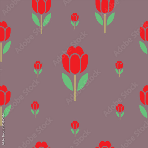 A delightful repeating pattern featuring vibrant red roses on green stems against a soft purple background. This lovely design is perfect for textiles, stationery, and any project that needs a touch.