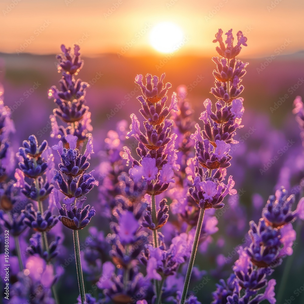 Fototapeta premium Lavender field bathed in sunset glow