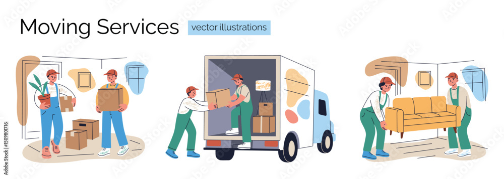 Naklejka premium Set of moving services with workers and movers carrying boxes, loading and unloading truck, lifting furniture. Flat cartoon composition, vector illustration for service ads, websites, and flyers